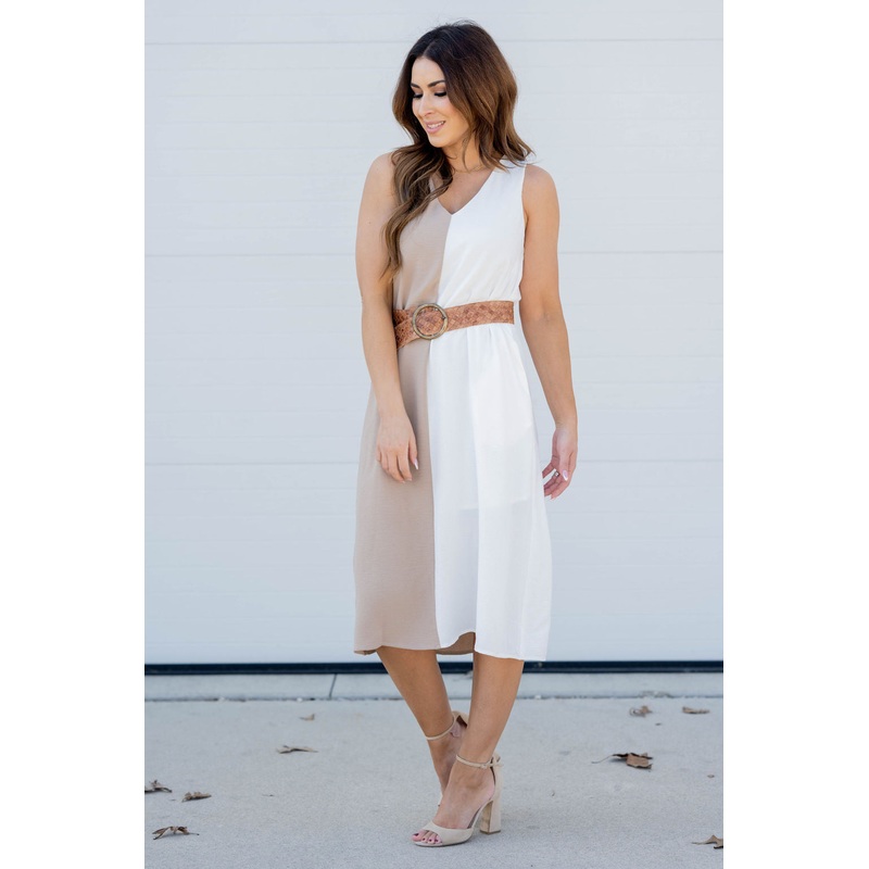 Two Tone V Midi Dress Beige S