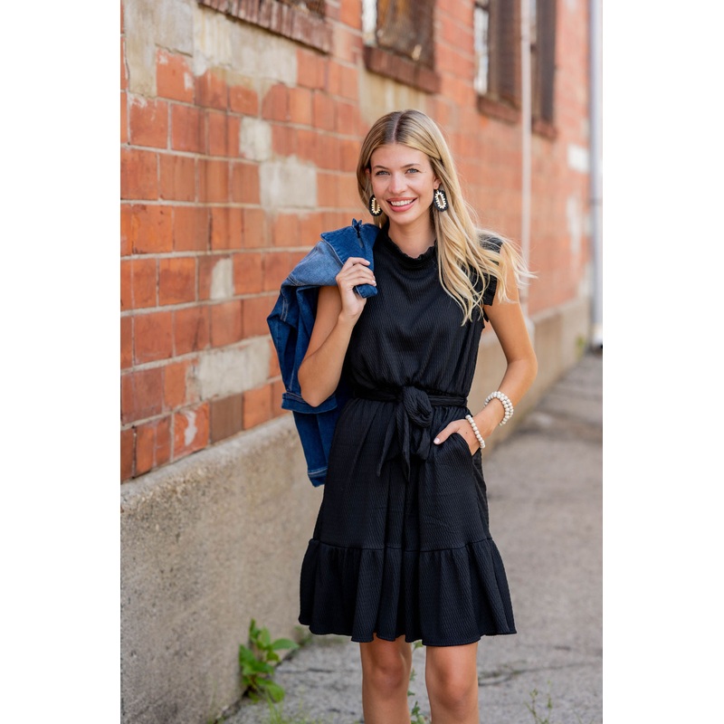Woven Textured Ruffle Trim Tie Dress Black S