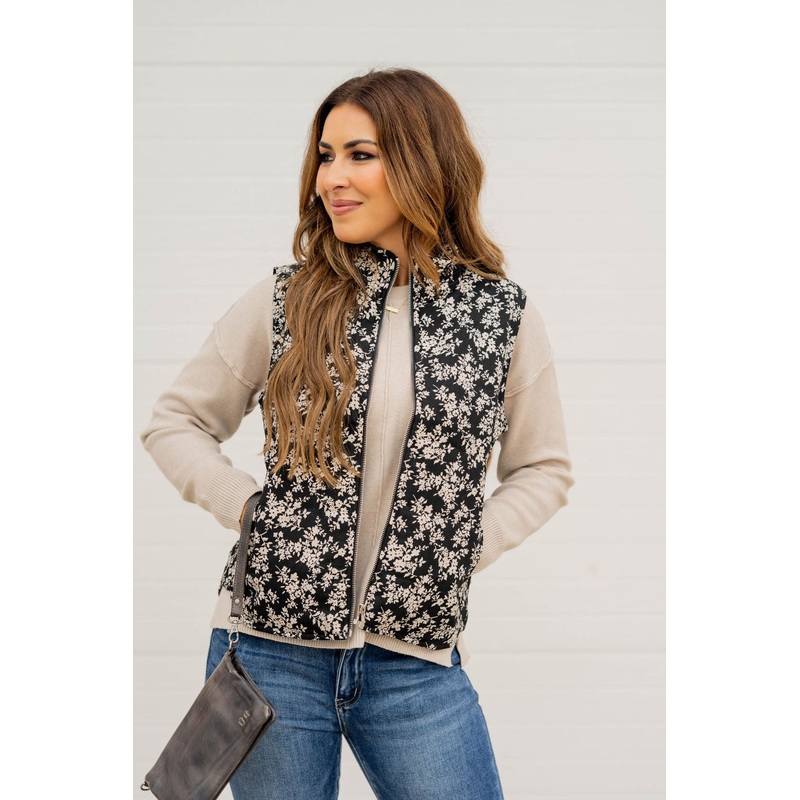 Antique Floral Puffer Vest Black S
