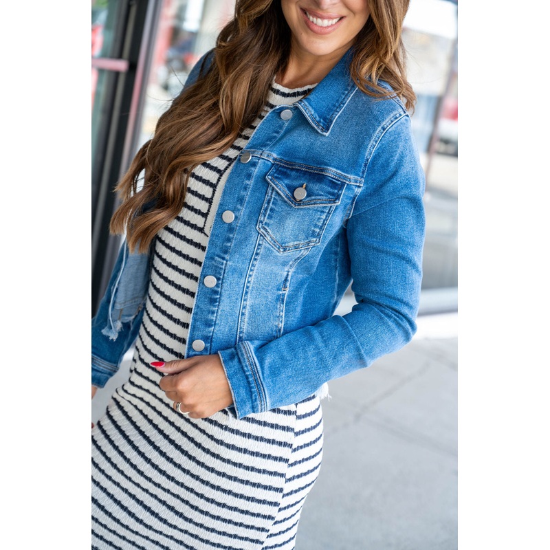 Asymmetric Distressed Hem Denim Jacket Dark Wash S