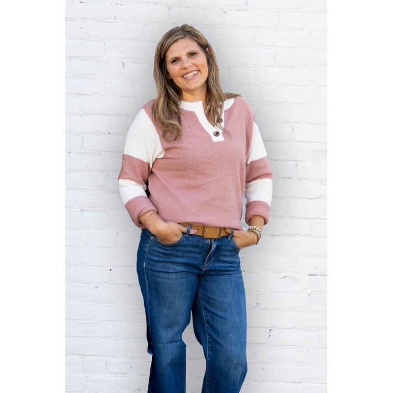Blocked Sleeve Button Accented Sweater Light Grey S
