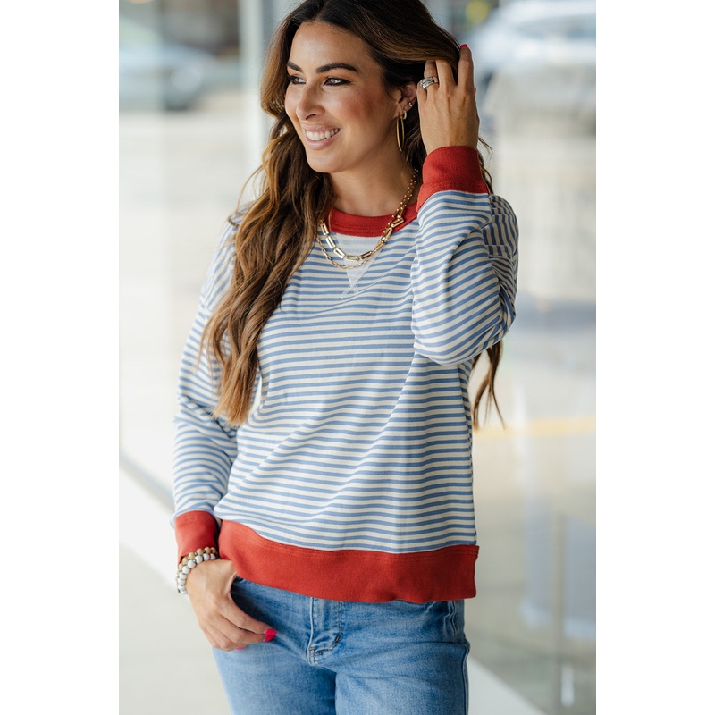 Bold Trimmed Striped Sweatshirt Powder Blue S