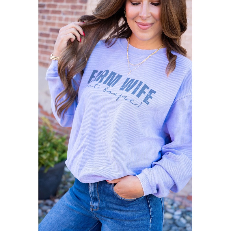 Boujee Farmwife Ribbed Graphic Crewneck Lavender S