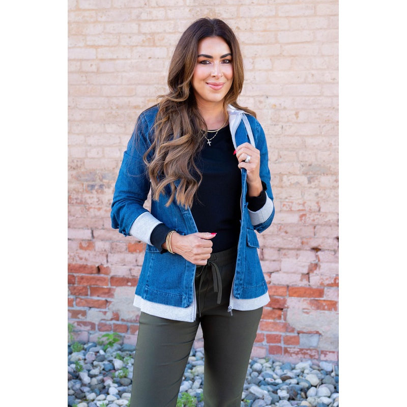 Hoodie Lined Denim Blazer Dark Wash S