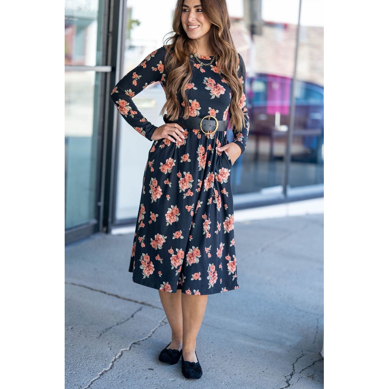 Roses Long Sleeve Midi Dress Black S