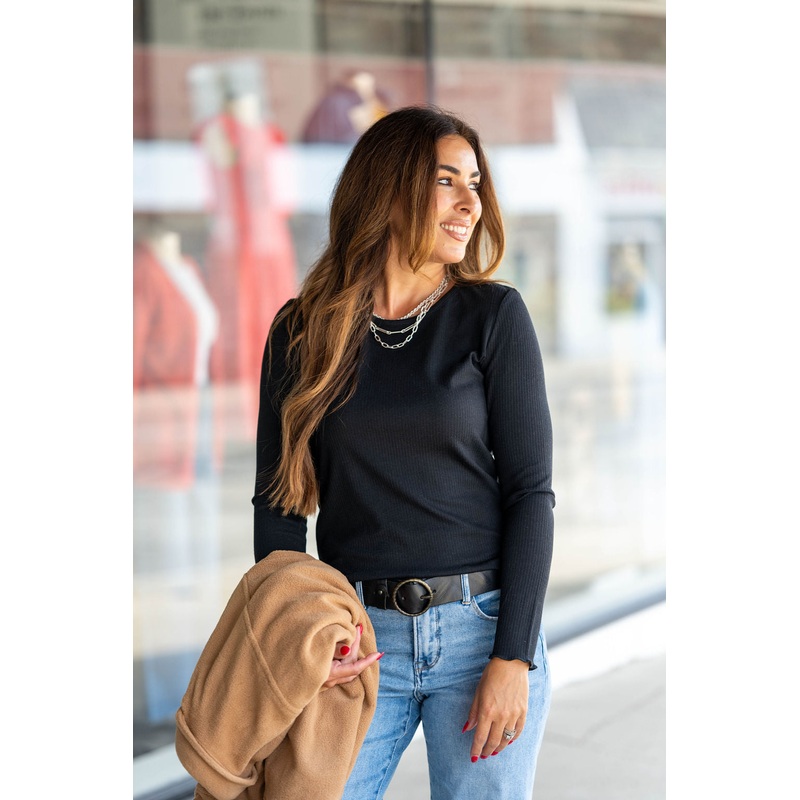 Vertical Ribbed Long Sleeve Tee Black S