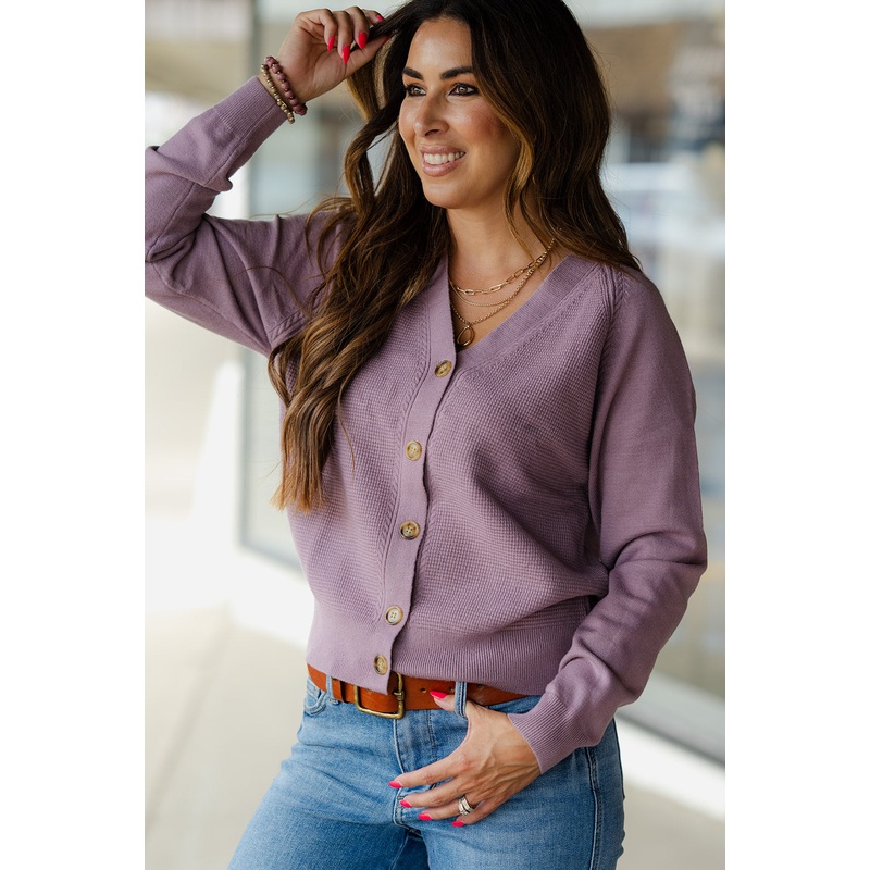 Waffled Body Button Accented Cardigan Lavender S