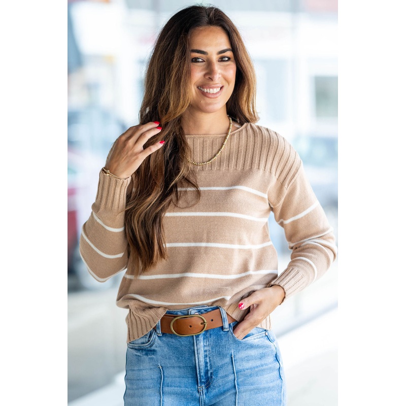 Wide Rib Accented Striped Bottom Sweater Beige S