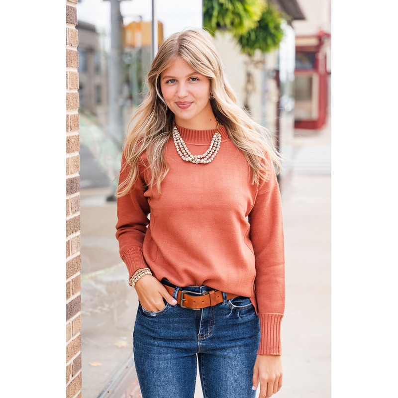 Wide Ribbed Trim Side Slit Sweater Pink S