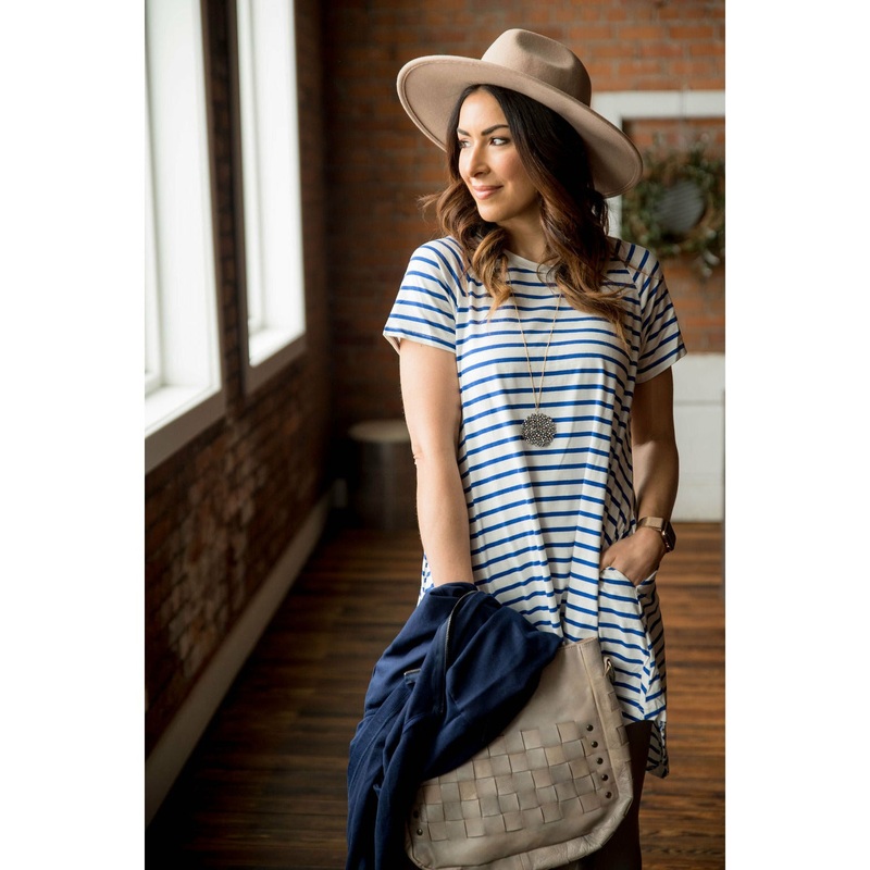 Blue Striped Tunic Pocket Dress S Blue
