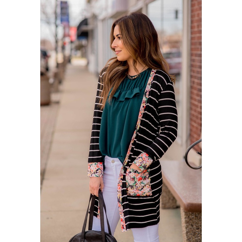 Floral Trimmed Pocket Cardigan Grey S