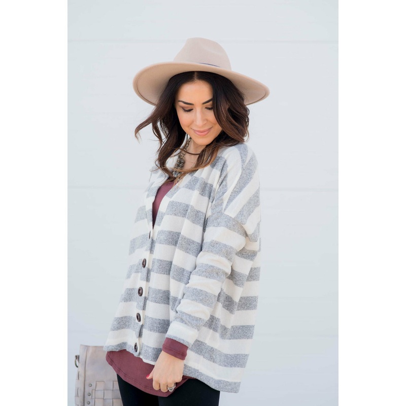 Heathered Striped Button Cardigan S Light Grey