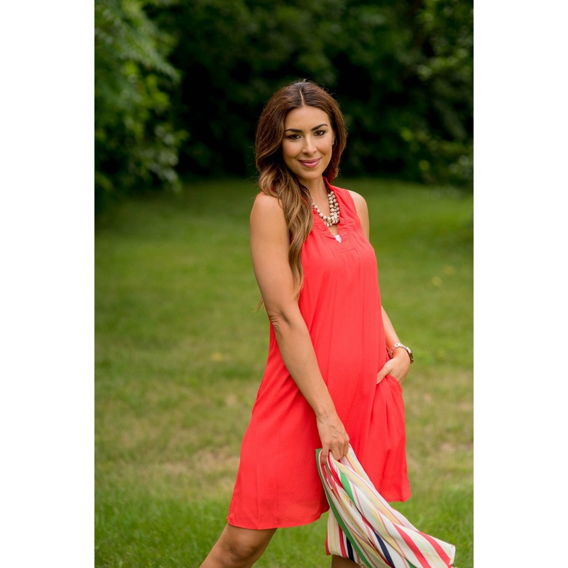 Ruffle Neck Accent Dress Coral S