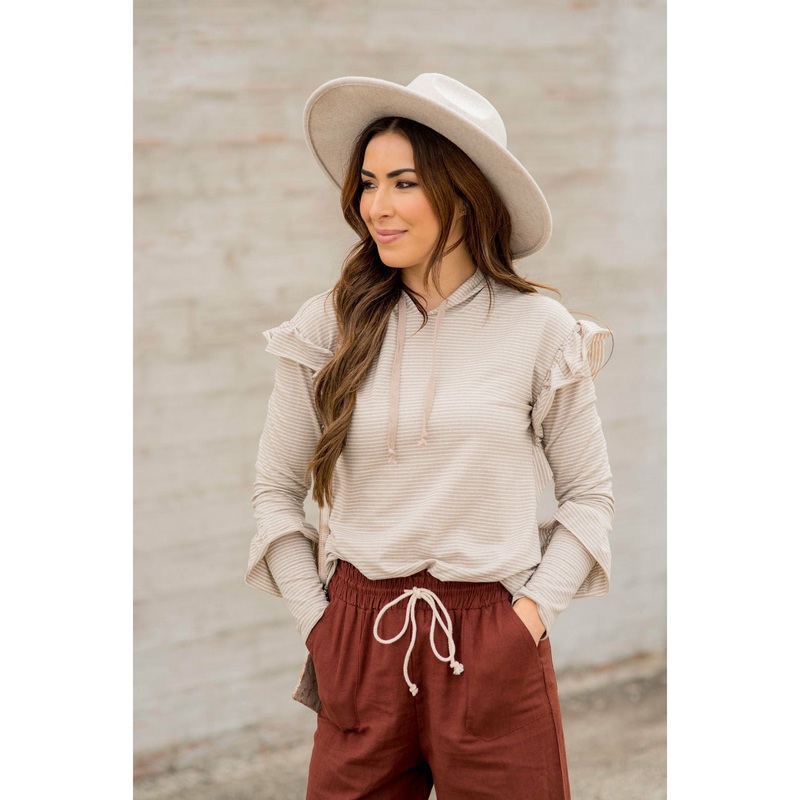 Ruffle Sleeve Striped Hoodie Taupe S