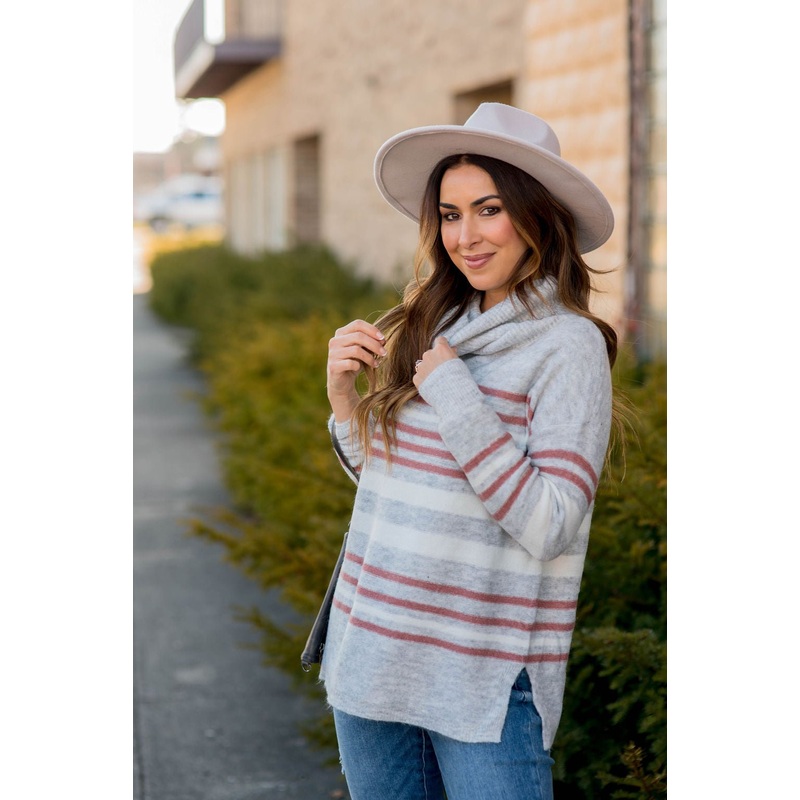 Touch Of Color Striped Cowl Neck Sweater Burgundy S
