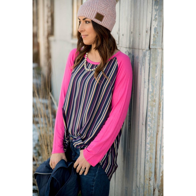 Vertical Striped Baseball Tee- Pink S