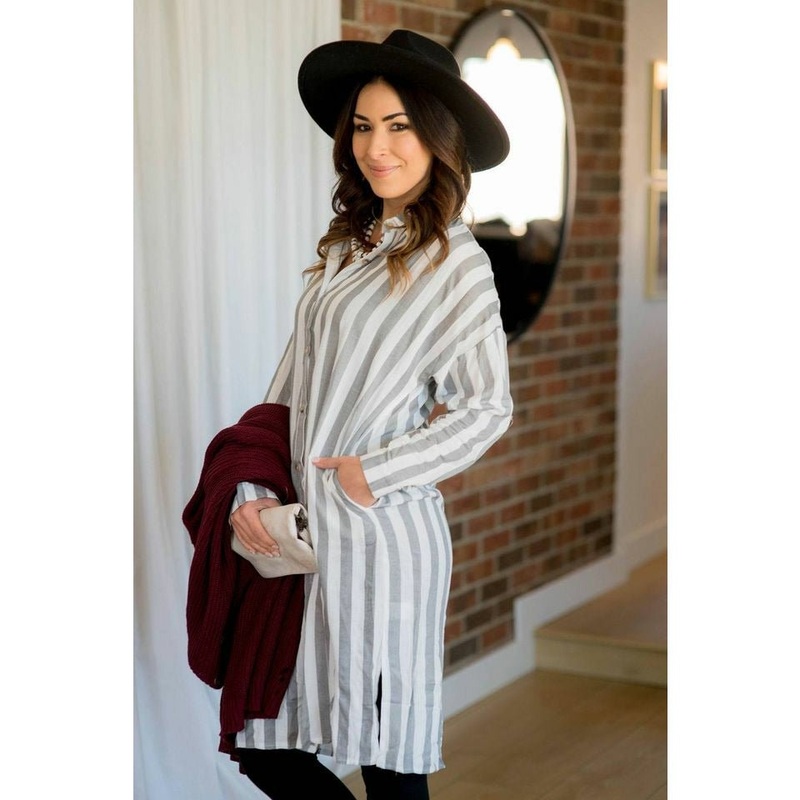Vertical Striped Button Up Dress – Grey S Grey