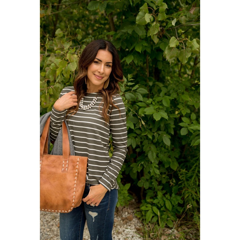 White Striped Elbow Patch Tee Olive S