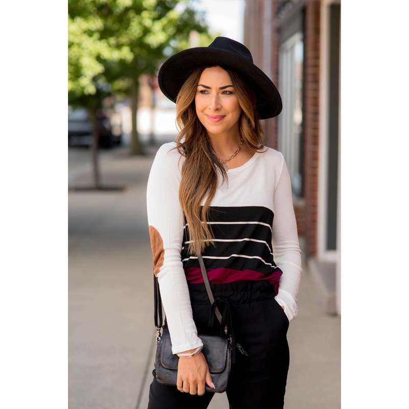 White/Striped/Solid Blocked Elbow Patch Tee Yellow S