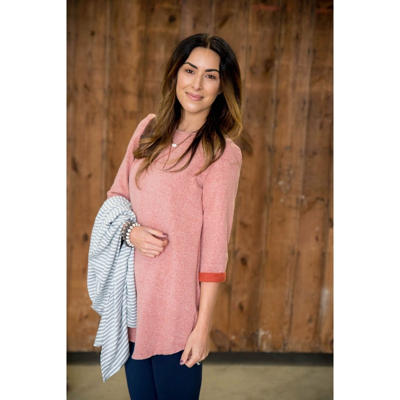 3/4 Cuffed Sleeve Two-Toned Sweatshirt Tunic Rust S