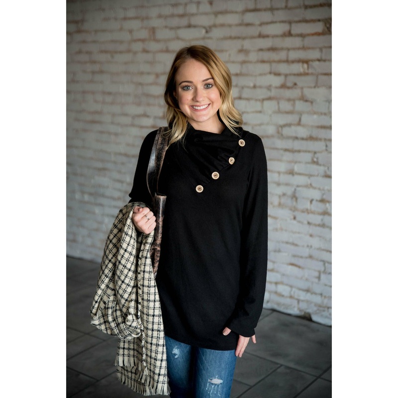 Button Cowl Neck Sweater Black S