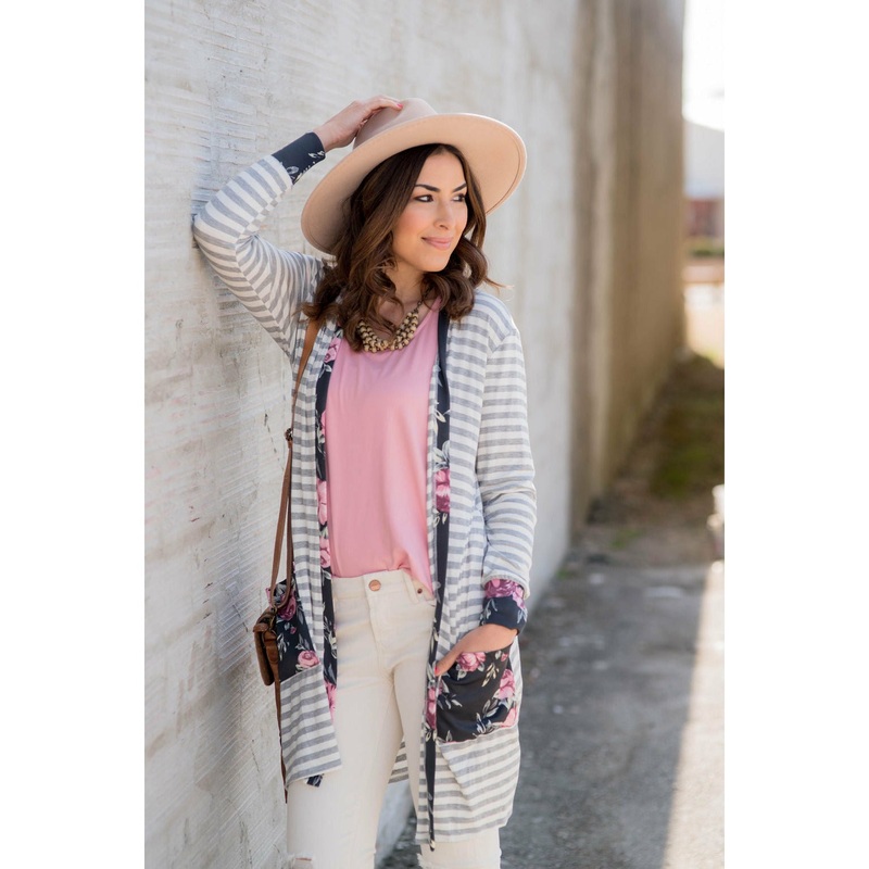 Charcoal Floral Trimmed Tunic Cardigan S
