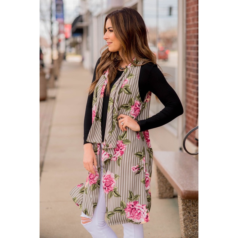 Grey Floral Striped Kimono S
