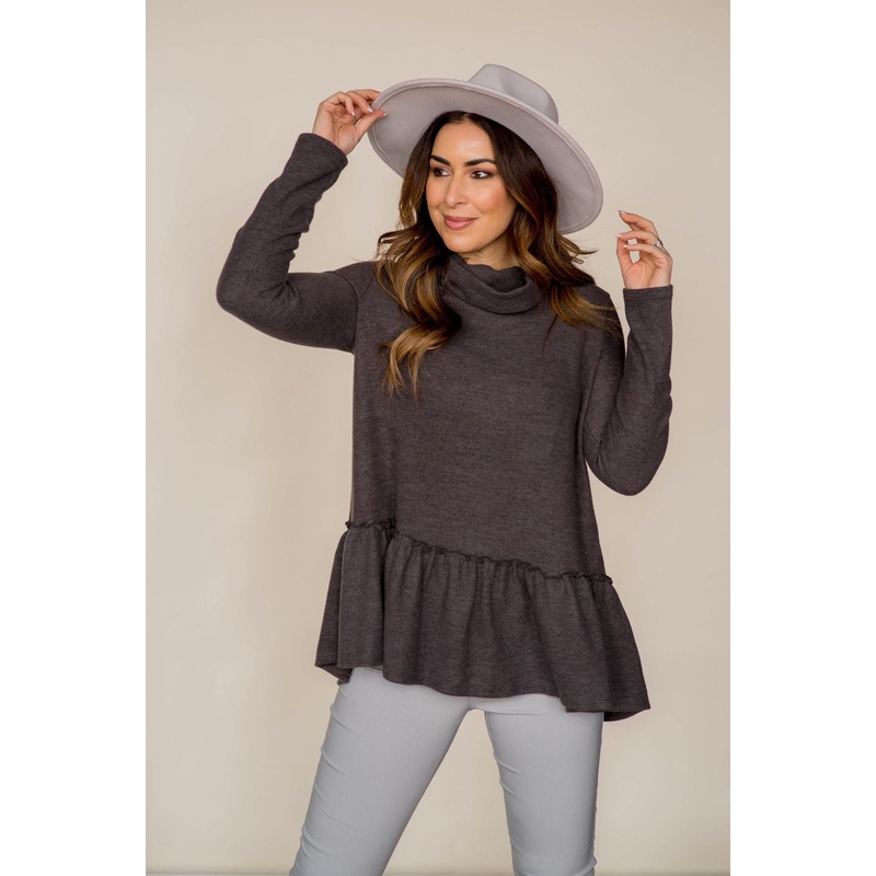 Ruffle Bottom Cowl Neck Sweater Charcoal S