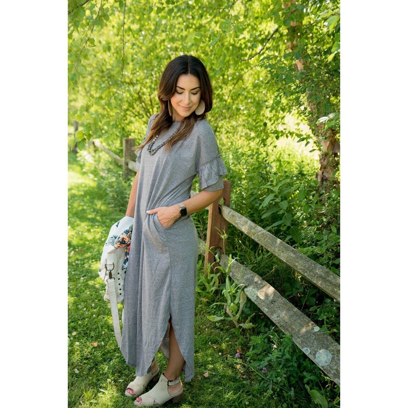 Ruffle Sleeve Slit Dress S Grey
