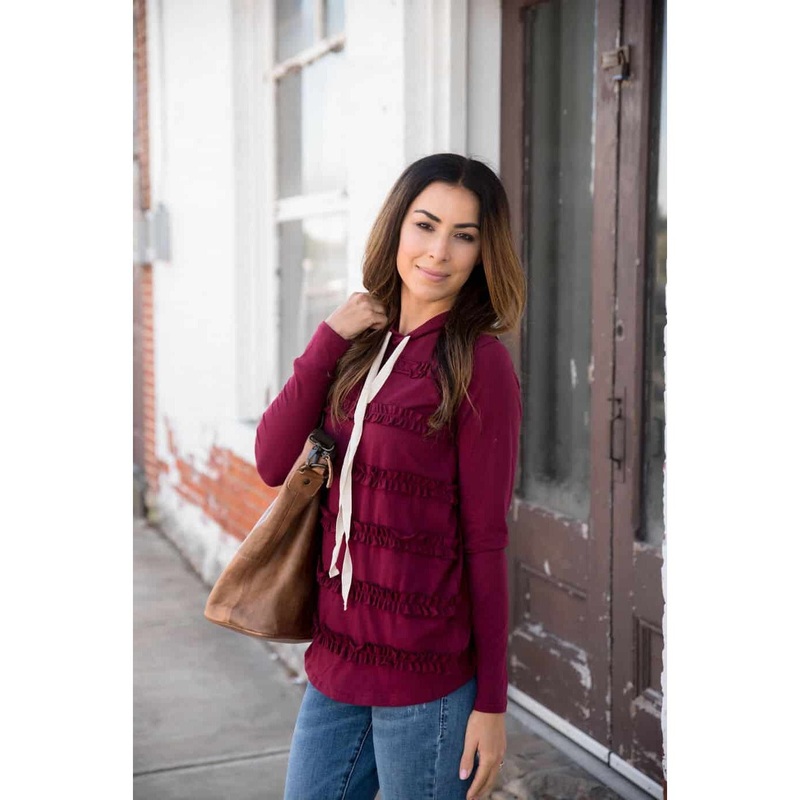 Ruffled Hoodie Burgundy S