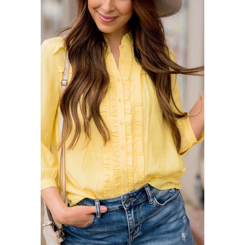 Ruffled Up 3/4 Sleeve Blouse Yellow S