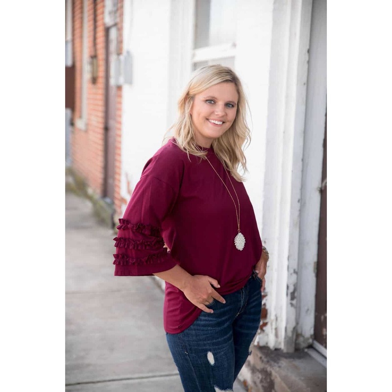 Triple Ruffle Sleeved Tee Burgundy S