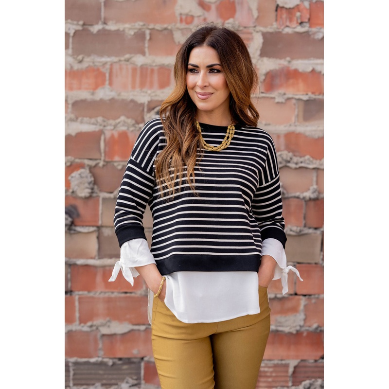 White Striped Blouse Bottom Sweatshirt Black S