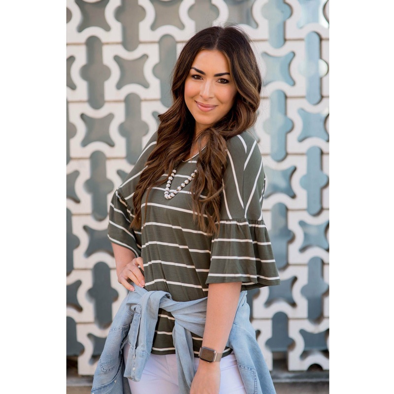 3/4 Bell Sleeve Striped Tee Olive S