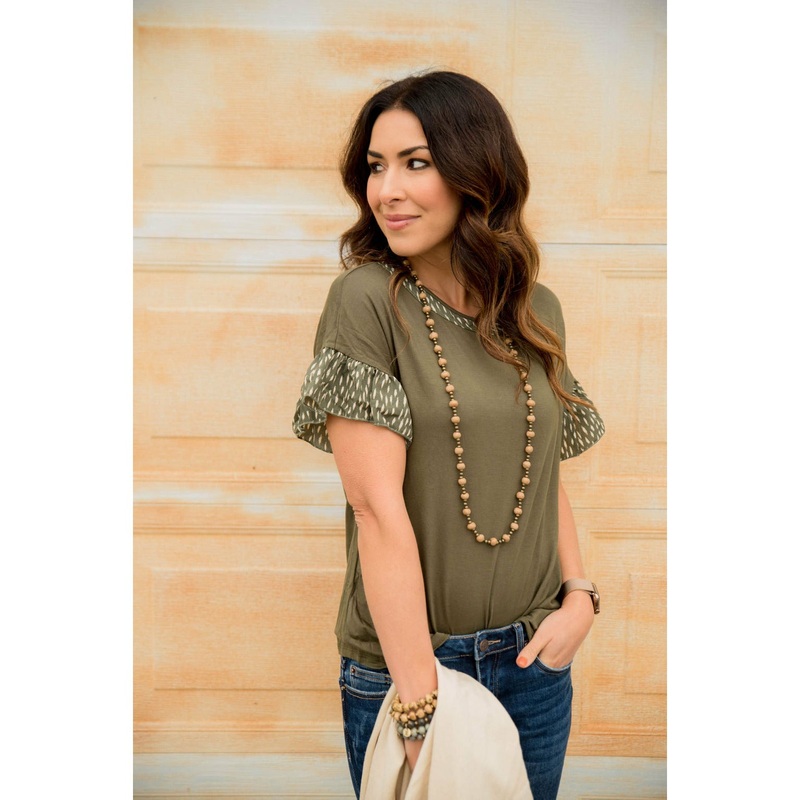 Brush Stroke Ruffle Sleeve Tee S Olive