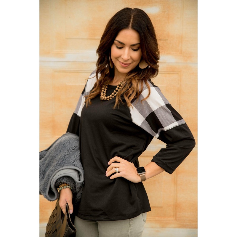 Buffalo Plaid Top 3/4 Sleeve Sweatshirt S Red