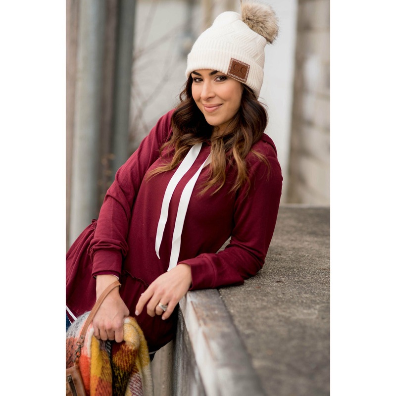 Ruffle Bottom Drawstring Hoodie S Burgundy