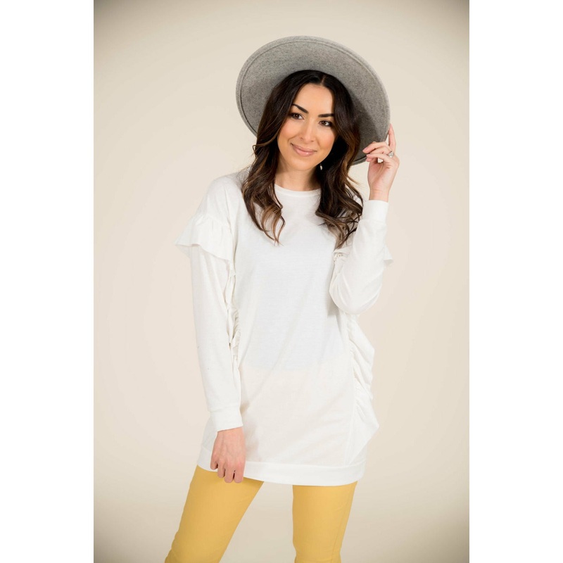 Ruffle Down Long Sleeve Tunic Camel S