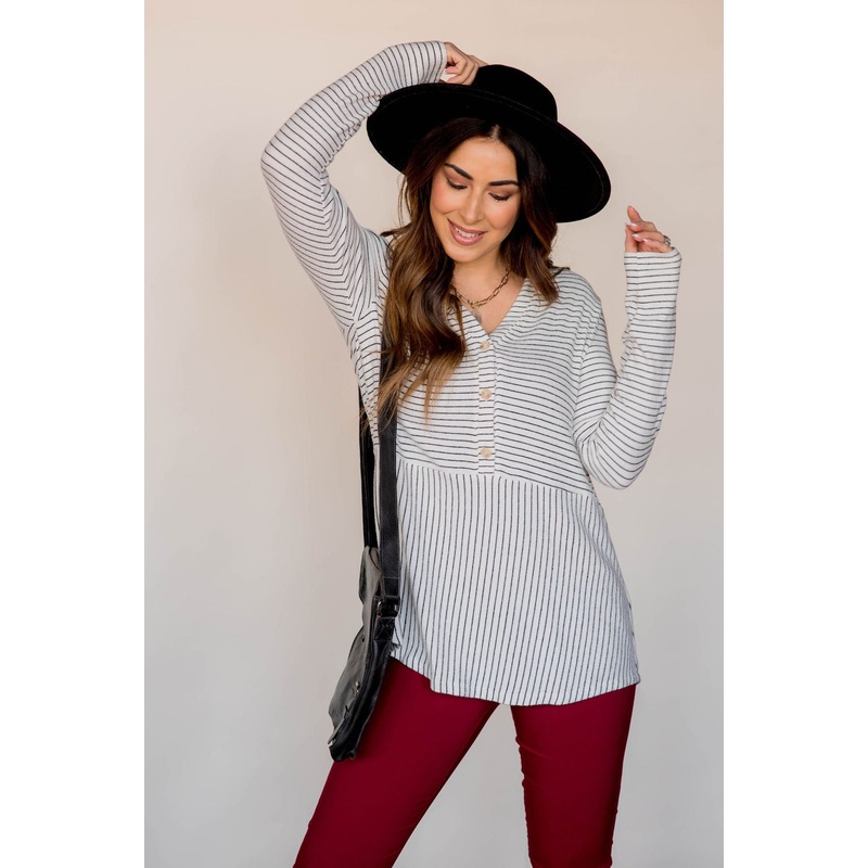 Triple Button Striped Peplum Tee Grey S