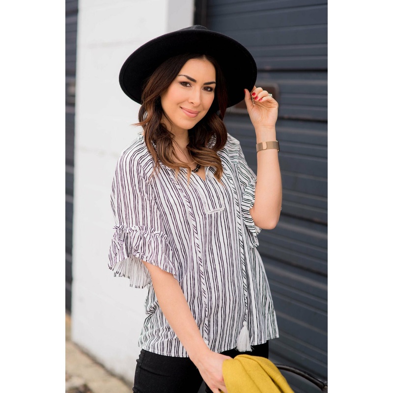 Vertical Striped Flutter Sleeve Tie Blouse S