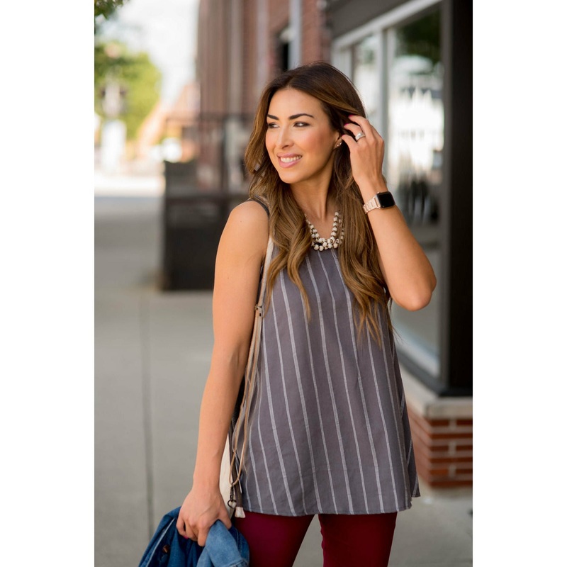 Vertical Striped Solid Back Tank S White