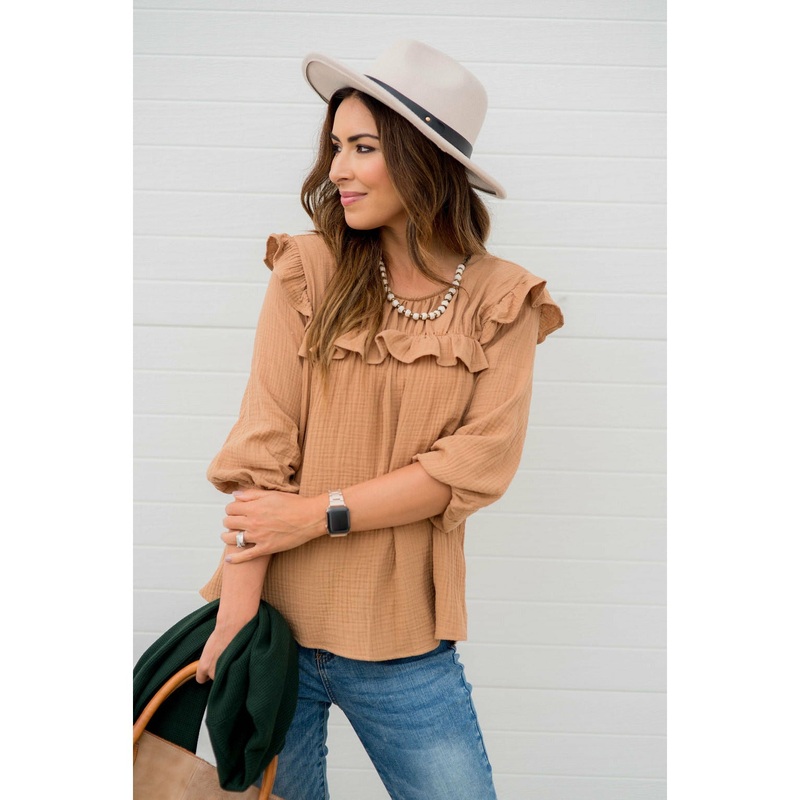 3/4 Sleeve Gauze Ruffle Blouse Black S