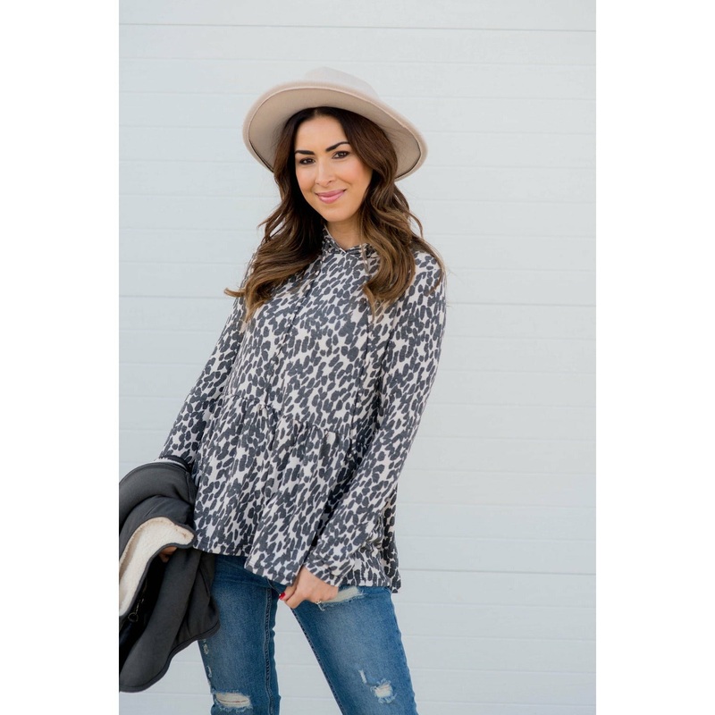 Animal Print Loose Peplum Hoodie S Tan