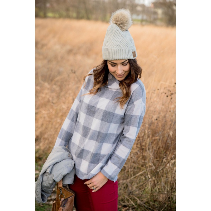 Buffalo Plaid Cowl Neck Sweater Grey S