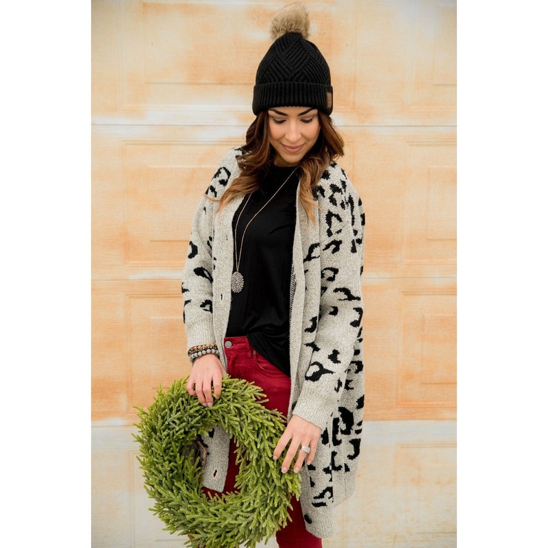 Button Leopard Tunic Cardigan S Grey