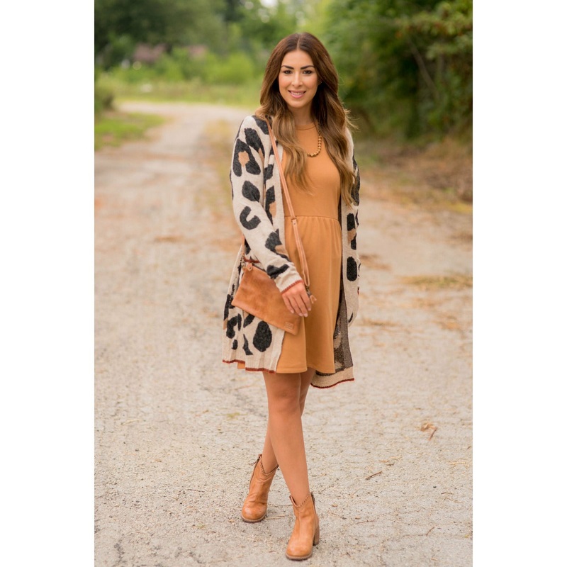 Cognac Trim Leopard Tunic Cardigan S Oatmeal