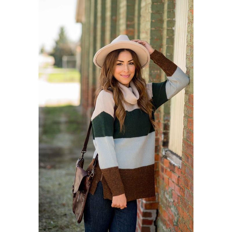 Color Block Side Slit Cowl Neck Sweater S