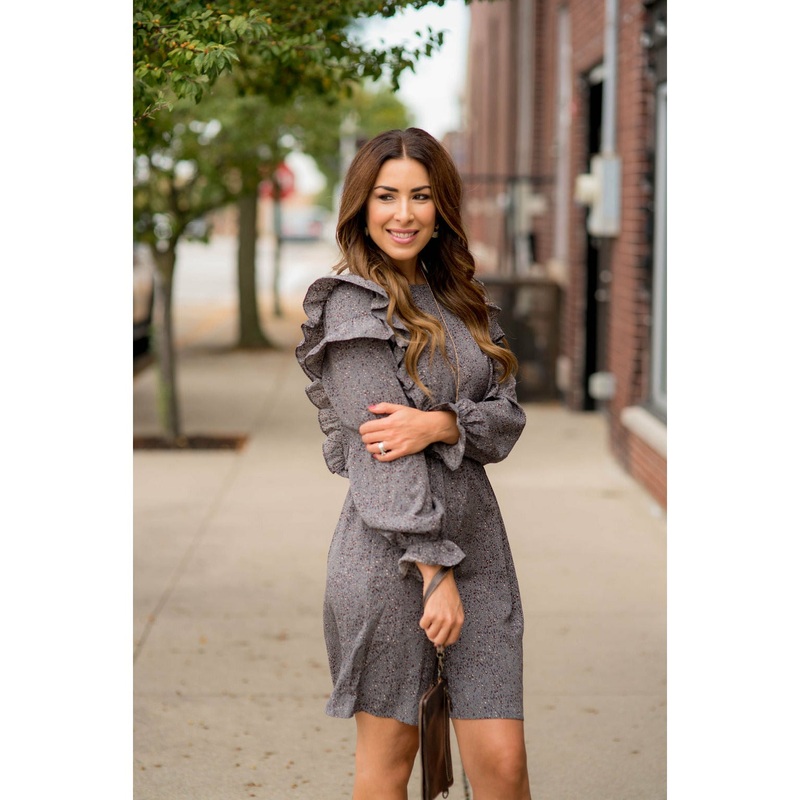 Ruffled Bodice Long Sleeve Patterned Dress Charcoal S