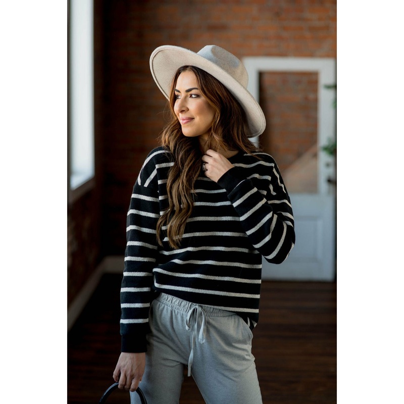 Sassy Side Zipper Striped Sweatshirt Black S