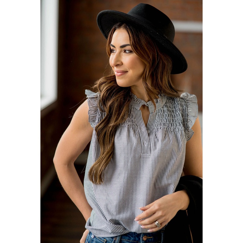 Vertical Striped Button Accented Ruffle Tank Navy S